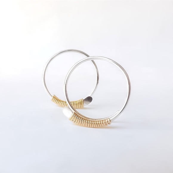 925 Sterling Silver Hammered Open Threader Hoop Earrings Wire Wrapped In Gold - Picture 8 of 11